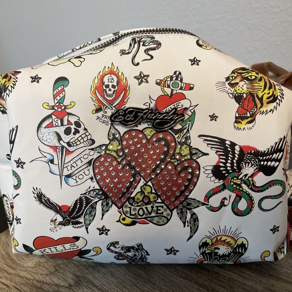 ED HARDY Makeup Bag Toiletry Case Zip Rhinestones Heart Tattoo Love White NWT